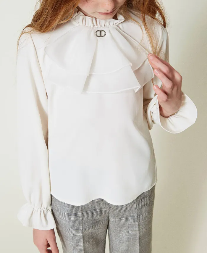 Twinset Crpe De Chine Blouse With Jabot Off White Girl Blouses And Shirts Twinset Crpe De Chine Blouse With Jabot Off White Girl Blouses And Shirts