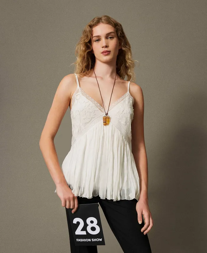 Twinset Creponne And Tulle Top Butter Cookie White Women TShirts And Tops