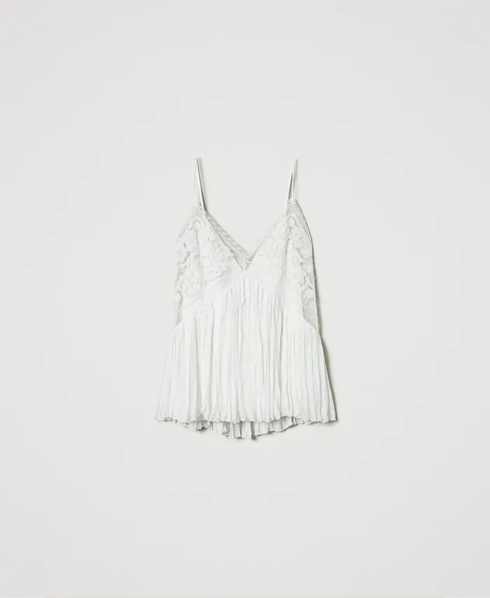 Twinset Creponne And Tulle Top Butter Cookie White Women TShirts And Tops Twinset Creponne And Tulle Top Butter Cookie White Women TShirts And Tops