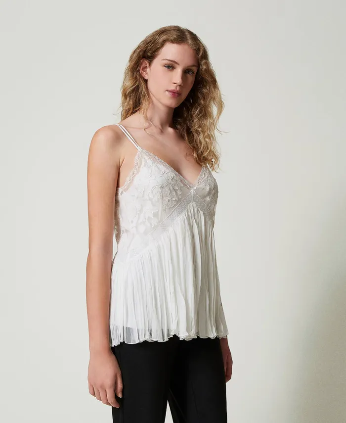 Twinset Creponne And Tulle Top Butter Cookie White Women TShirts And Tops Twinset Creponne And Tulle Top Butter Cookie White Women TShirts And Tops