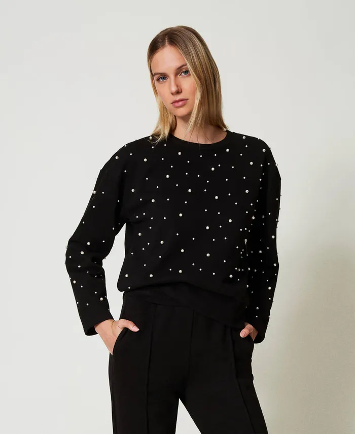 Twinset Crew Neck Sweatshirt With Pearls Black Women Sweatshirts