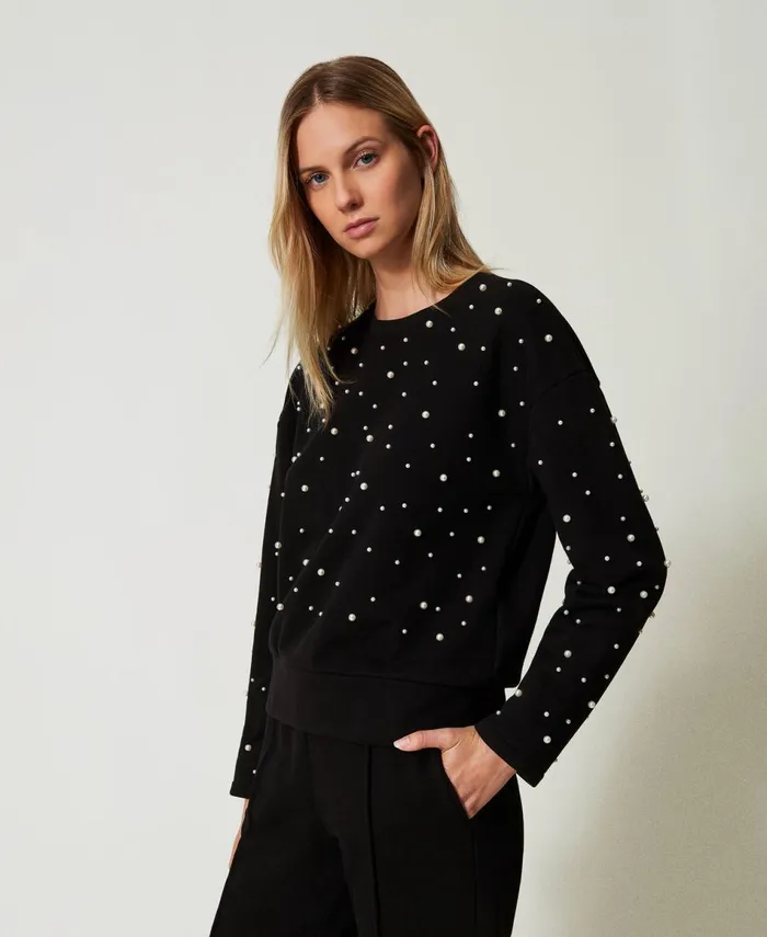 Twinset Crew Neck Sweatshirt With Pearls Black Women Sweatshirts Twinset Crew Neck Sweatshirt With Pearls Black Women Sweatshirts