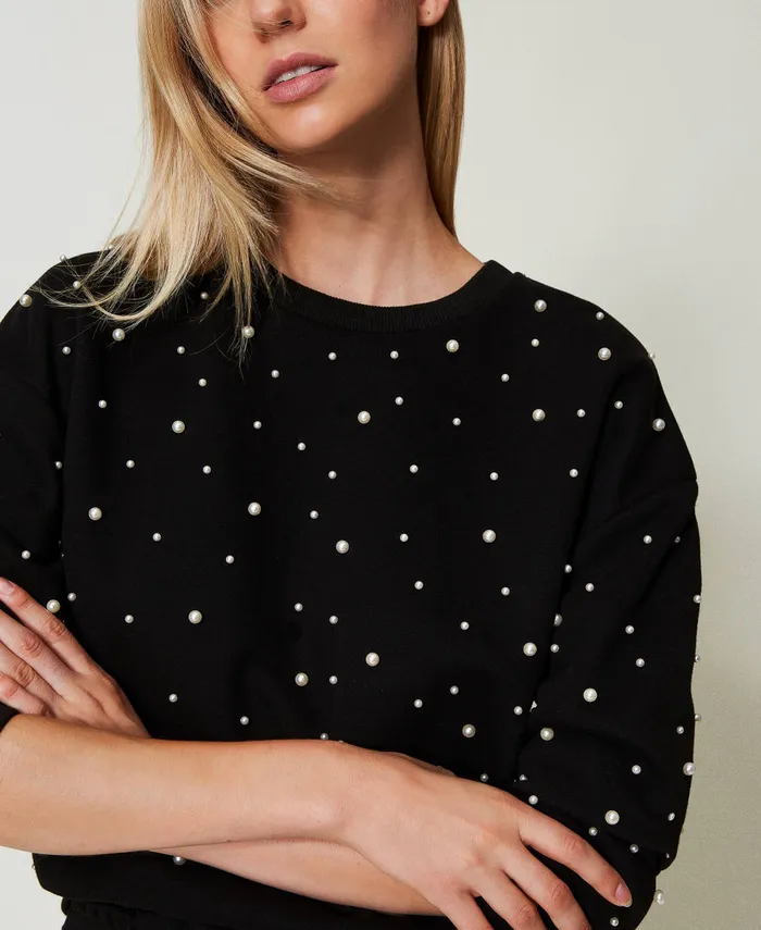 Twinset Crew Neck Sweatshirt With Pearls Black Women Sweatshirts Twinset Crew Neck Sweatshirt With Pearls Black Women Sweatshirts