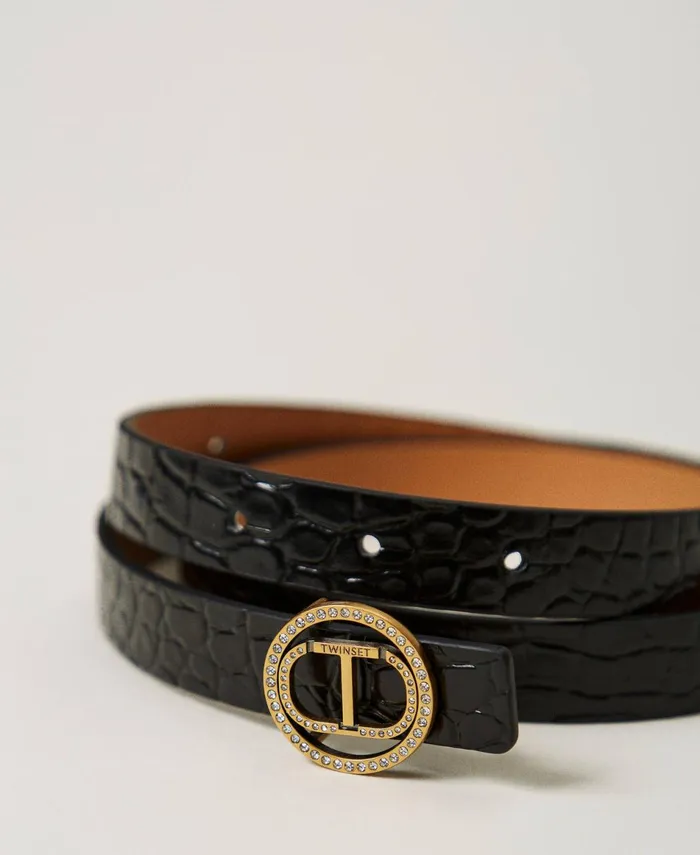 Twinset Croc Print Leather Belt Black Women Belts