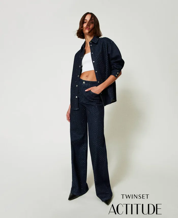 Twinset Denim Shirt With Rhinestones Rinsed Denim Women Blouses And Shirts