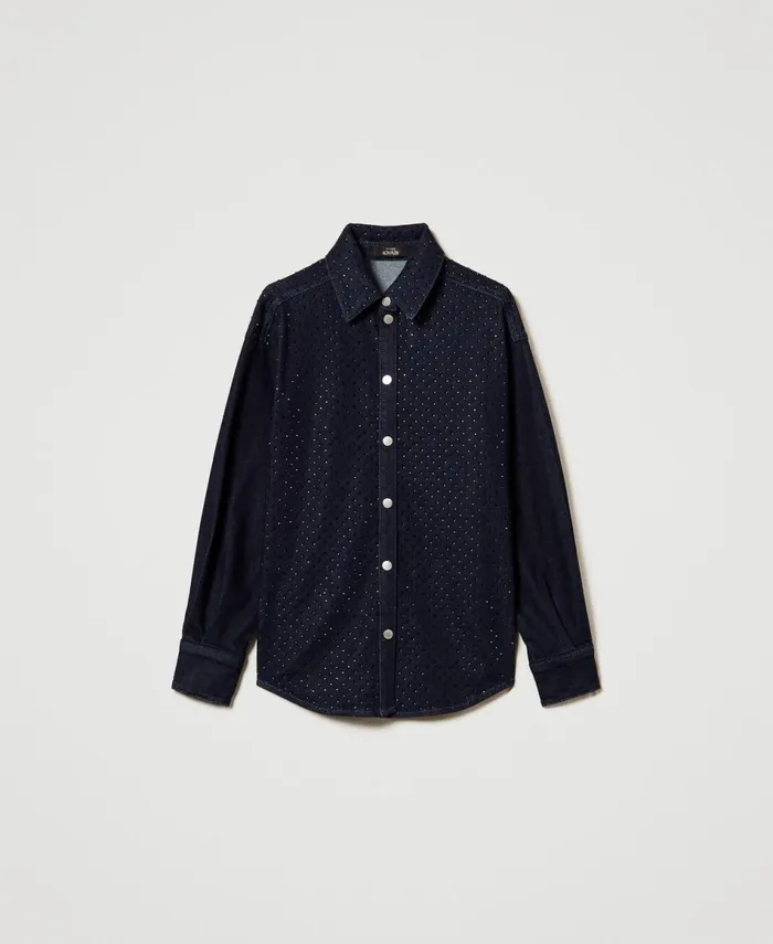 Twinset Denim Shirt With Rhinestones Rinsed Denim Women Blouses And Shirts Twinset Denim Shirt With Rhinestones Rinsed Denim Women Blouses And Shirts