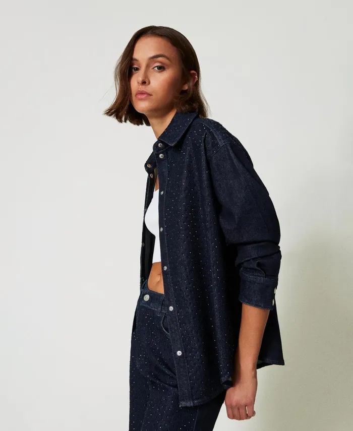 Twinset Denim Shirt With Rhinestones Rinsed Denim Women Blouses And Shirts Twinset Denim Shirt With Rhinestones Rinsed Denim Women Blouses And Shirts