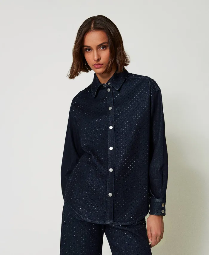 Twinset Denim Shirt With Rhinestones Rinsed Denim Women Blouses And Shirts Twinset Denim Shirt With Rhinestones Rinsed Denim Women Blouses And Shirts
