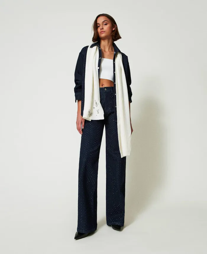 Twinset Denim Shirt With Rhinestones Rinsed Denim Women Blouses And Shirts Twinset Denim Shirt With Rhinestones Rinsed Denim Women Blouses And Shirts
