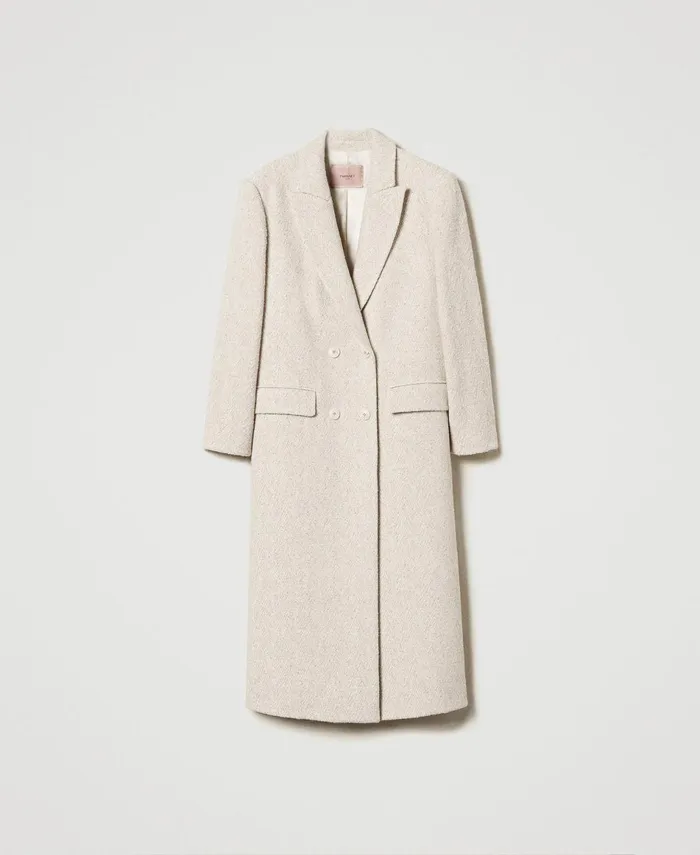Twinset DoubleBreasted Herringbone Wool Blend Coat Snow Gold Herringbone Women Jackets And Outerwear