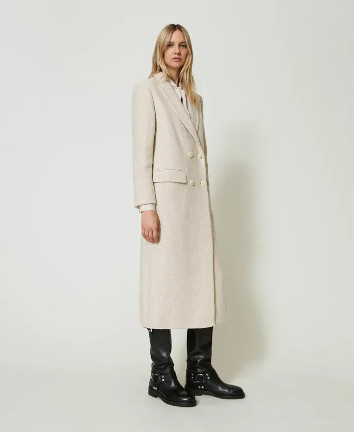 Twinset DoubleBreasted Herringbone Wool Blend Coat Snow Gold Herringbone Women Jackets And Outerwear