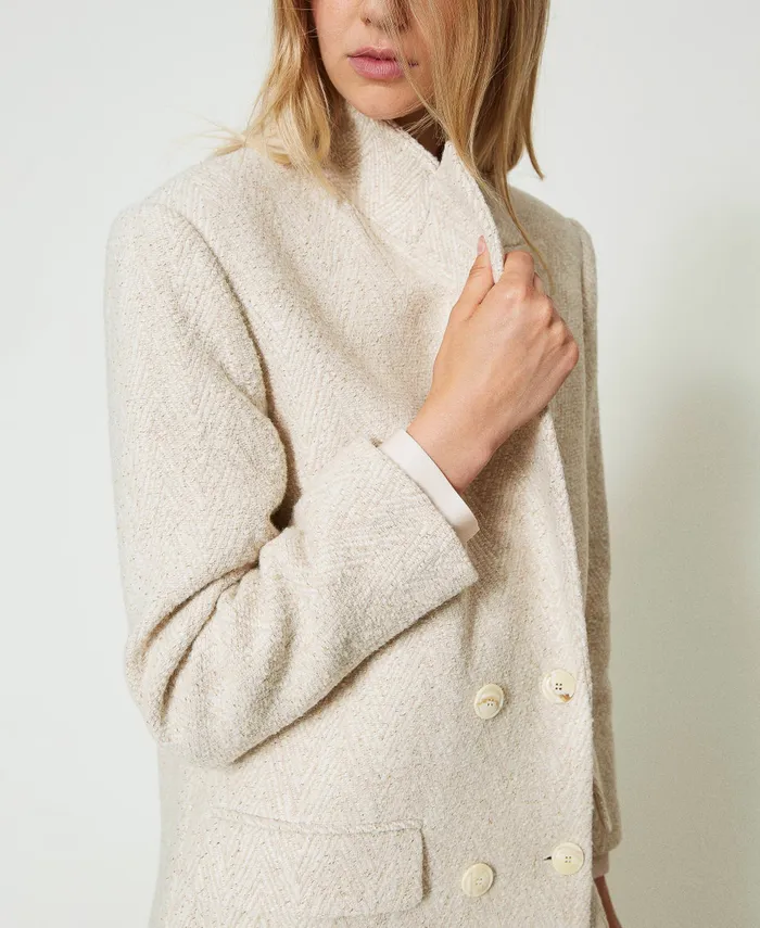 Twinset DoubleBreasted Herringbone Wool Blend Coat Snow Gold Herringbone Women Jackets And Outerwear