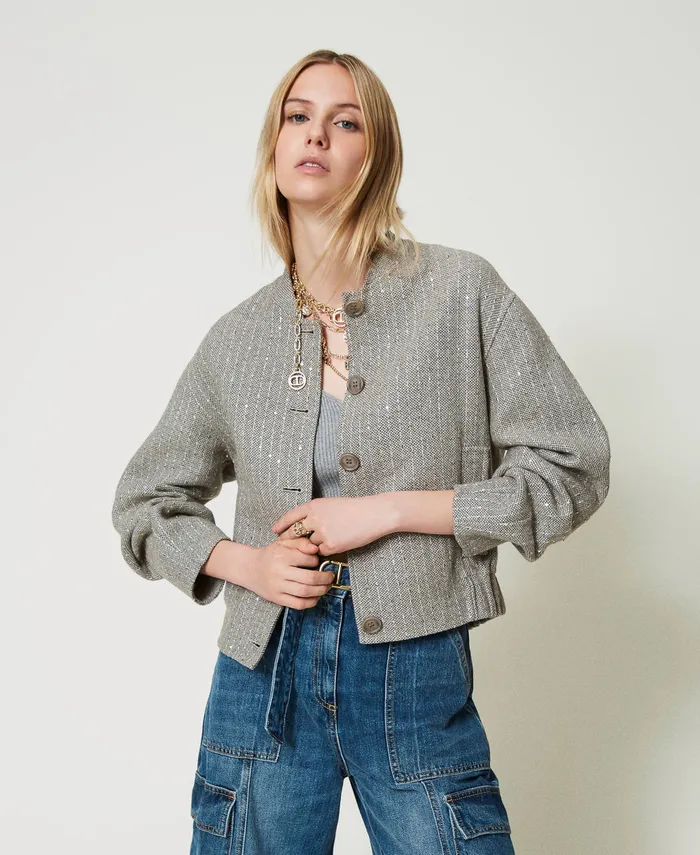 Twinset Doubled Wool Cloth Bomber Jacket With Sequins Melange Grey Double Pinstripe Women Jackets And Outerwear Twinset Doubled Wool Cloth Bomber Jacket With Sequins Melange Grey Double Pinstripe Women Jackets And Outerwear
