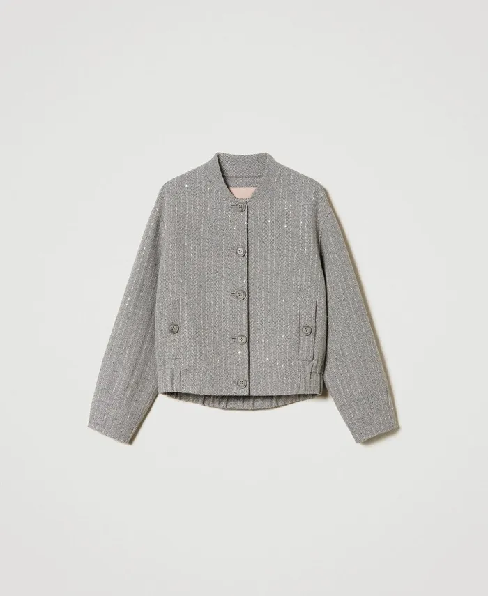 Twinset Doubled Wool Cloth Bomber Jacket With Sequins Melange Grey Double Pinstripe Women Jackets And Outerwear Twinset Doubled Wool Cloth Bomber Jacket With Sequins Melange Grey Double Pinstripe Women Jackets And Outerwear