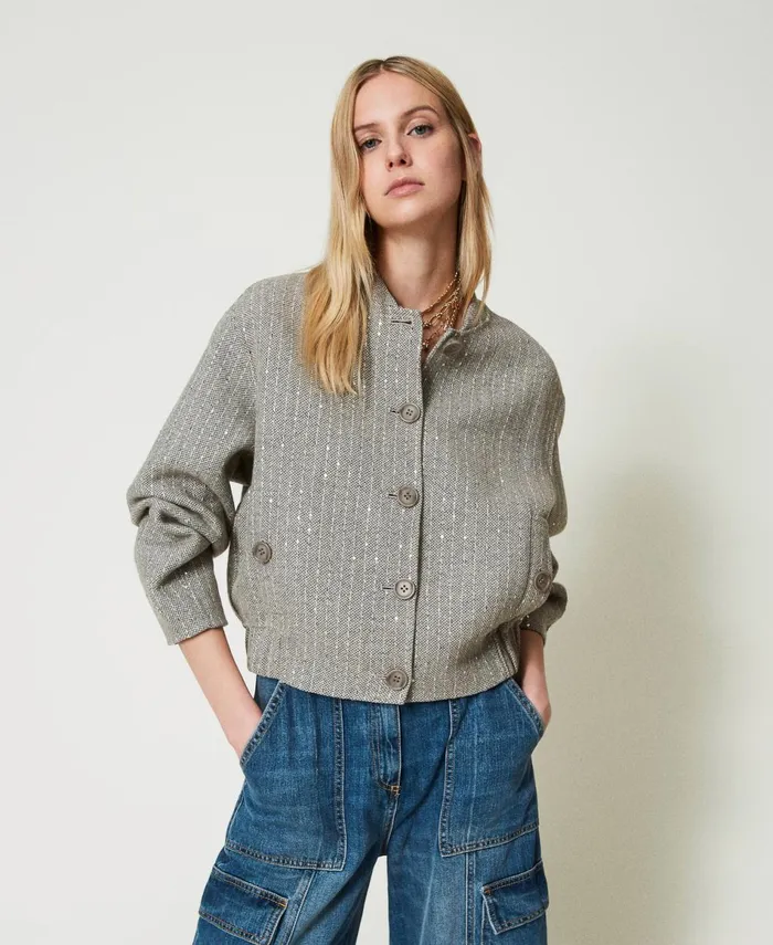 Twinset Doubled Wool Cloth Bomber Jacket With Sequins Melange Grey Double Pinstripe Women Jackets And Outerwear Twinset Doubled Wool Cloth Bomber Jacket With Sequins Melange Grey Double Pinstripe Women Jackets And Outerwear
