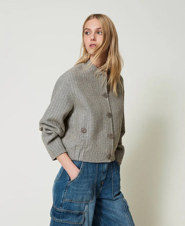 Twinset Doubled Wool Cloth Bomber Jacket With Sequins Melange Grey Double Pinstripe Women Jackets And Outerwear Twinset Doubled Wool Cloth Bomber Jacket With Sequins Melange Grey Double Pinstripe Women Jackets And Outerwear