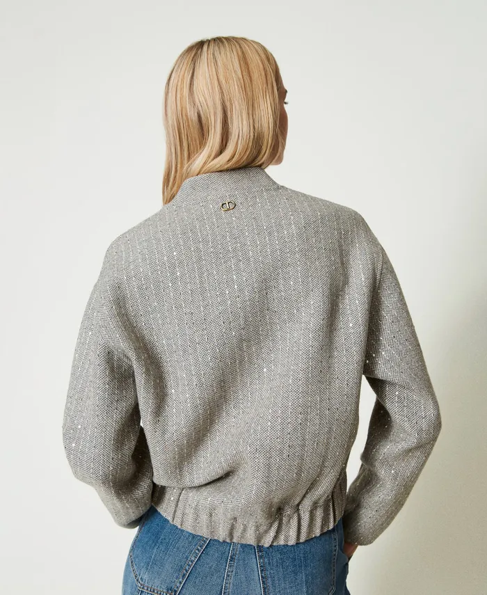 Twinset Doubled Wool Cloth Bomber Jacket With Sequins Melange Grey Double Pinstripe Women Jackets And Outerwear Twinset Doubled Wool Cloth Bomber Jacket With Sequins Melange Grey Double Pinstripe Women Jackets And Outerwear