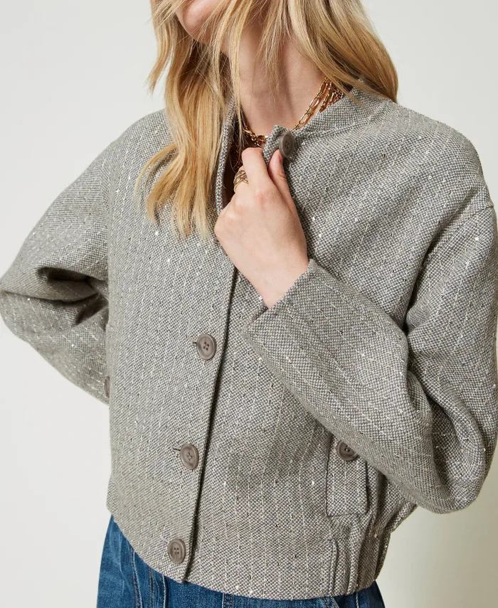 Twinset Doubled Wool Cloth Bomber Jacket With Sequins Melange Grey Double Pinstripe Women Jackets And Outerwear Twinset Doubled Wool Cloth Bomber Jacket With Sequins Melange Grey Double Pinstripe Women Jackets And Outerwear