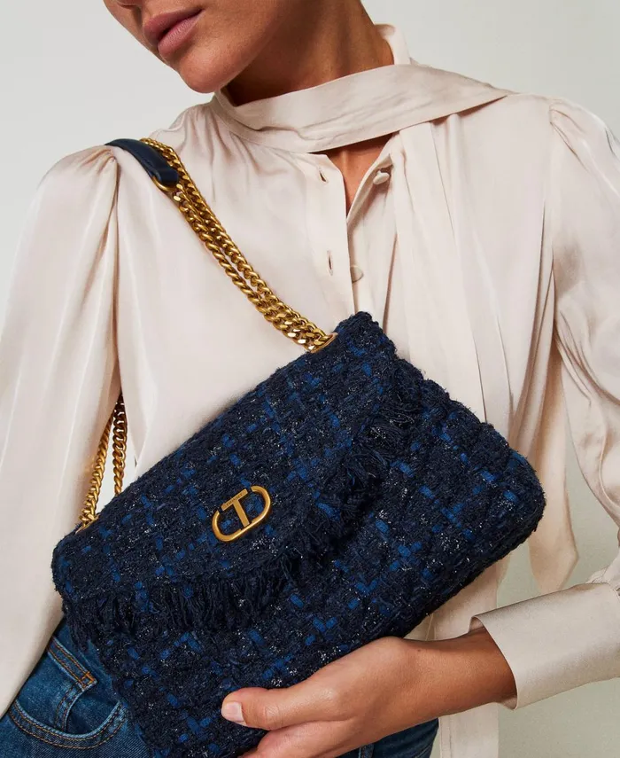 Twinset Dreamy039 Medium Tweed Shoulder Bag Blue Denim Black Boucl Women Handbags Twinset Dreamy039 Medium Tweed Shoulder Bag Blue Denim Black Boucl Women Handbags