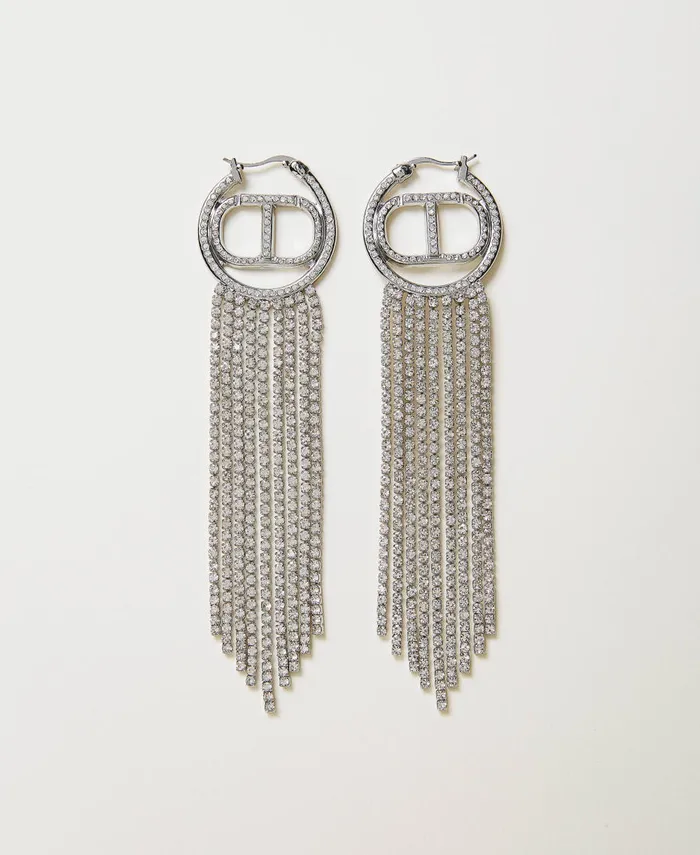 Twinset Earrings With Oval T And Rhinestone Fringes Nickel Free Silver Women Jewellery