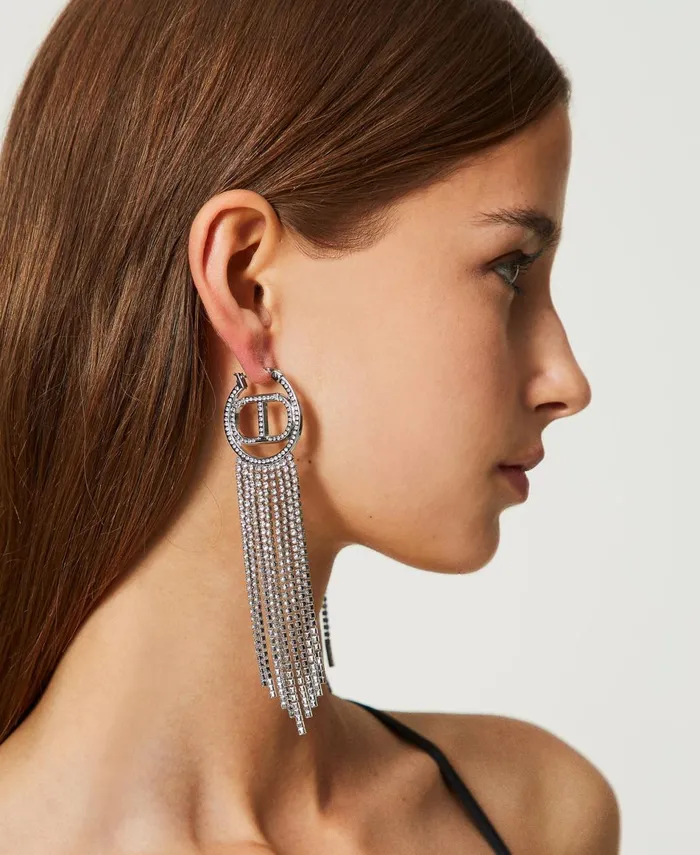 Twinset Earrings With Oval T And Rhinestone Fringes Nickel Free Silver Women Jewellery Twinset Earrings With Oval T And Rhinestone Fringes Nickel Free Silver Women Jewellery