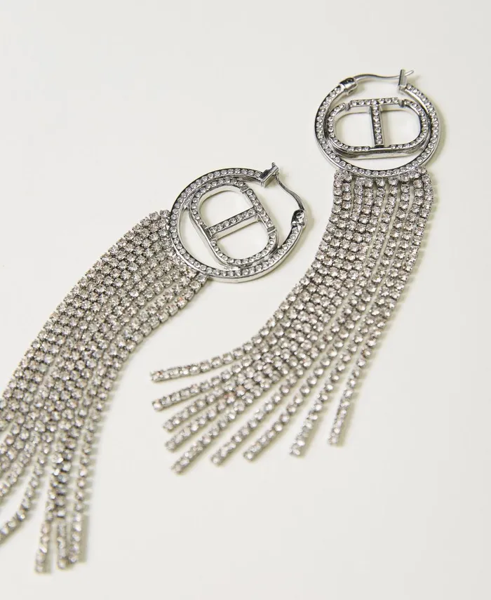 Twinset Earrings With Oval T And Rhinestone Fringes Nickel Free Silver Women Jewellery Twinset Earrings With Oval T And Rhinestone Fringes Nickel Free Silver Women Jewellery