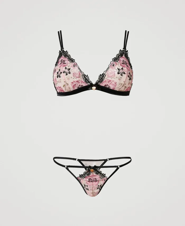 Twinset Embroidered Triangle Bra And GString Set Multicolour Blooming Embroidery Women Underwear And Nightwear Twinset Embroidered Triangle Bra And GString Set Multicolour Blooming Embroidery Women Underwear And Nightwear