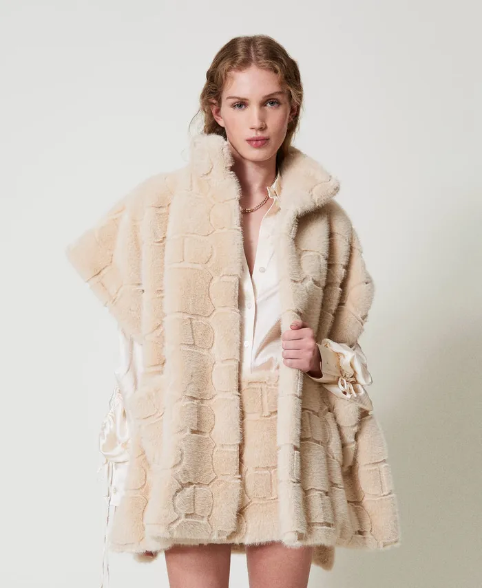 Twinset Faux Fur Poncho With Logo White Cream Women Jackets And Outerwear
