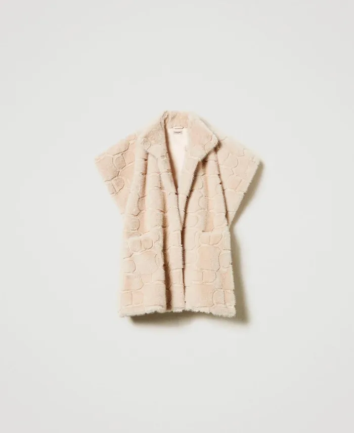 Twinset Faux Fur Poncho With Logo White Cream Women Jackets And Outerwear Twinset Faux Fur Poncho With Logo White Cream Women Jackets And Outerwear