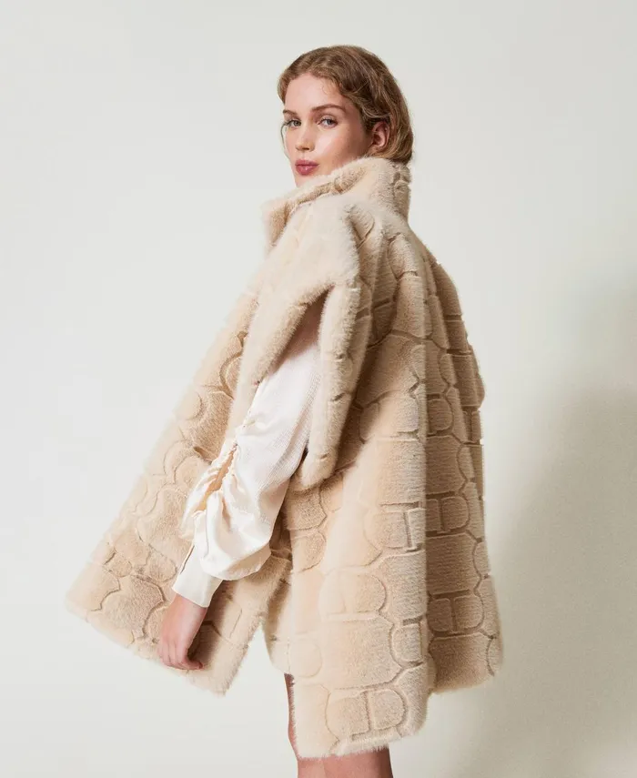 Twinset Faux Fur Poncho With Logo White Cream Women Jackets And Outerwear Twinset Faux Fur Poncho With Logo White Cream Women Jackets And Outerwear