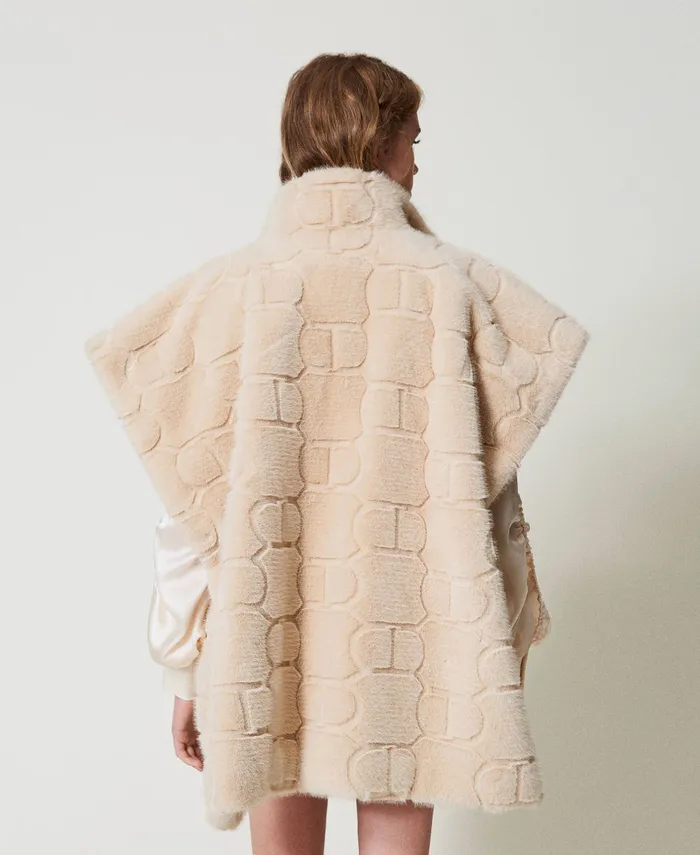 Twinset Faux Fur Poncho With Logo White Cream Women Jackets And Outerwear Twinset Faux Fur Poncho With Logo White Cream Women Jackets And Outerwear