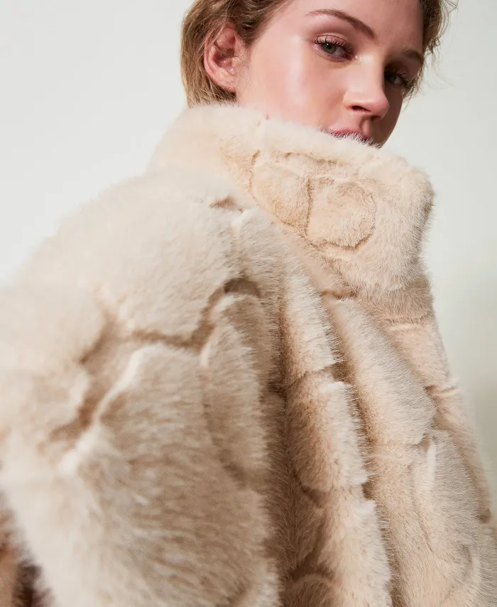 Twinset Faux Fur Poncho With Logo White Cream Women Jackets And Outerwear Twinset Faux Fur Poncho With Logo White Cream Women Jackets And Outerwear