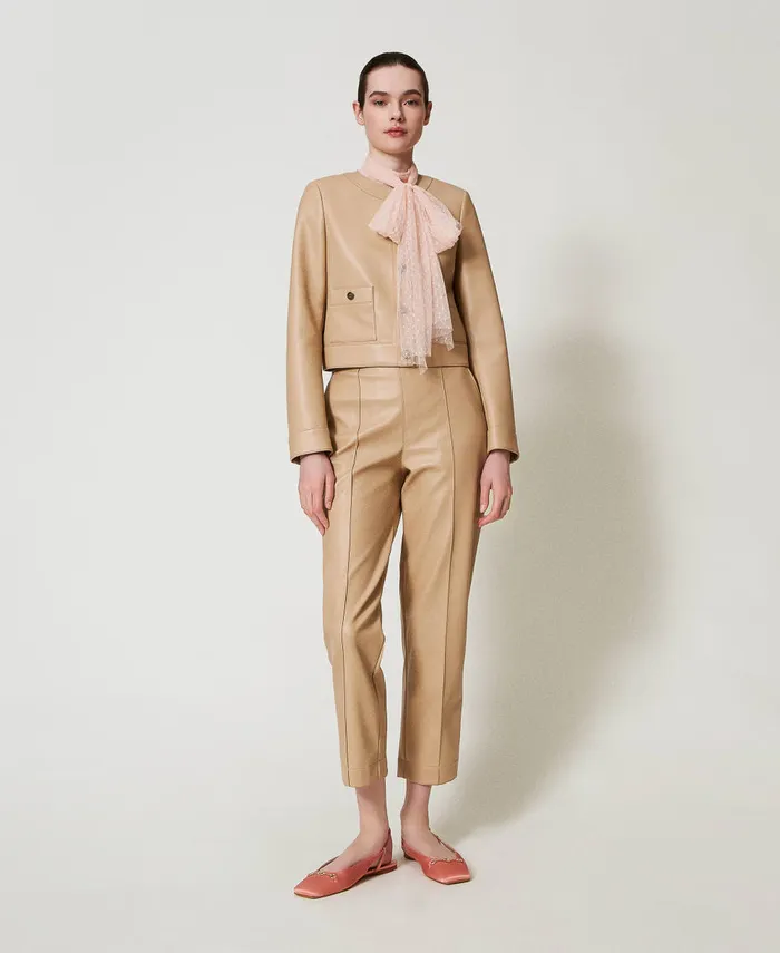 Twinset Faux Nappa Leather Straight Leg Trousers Light Wood Beige Women Suits And Sets