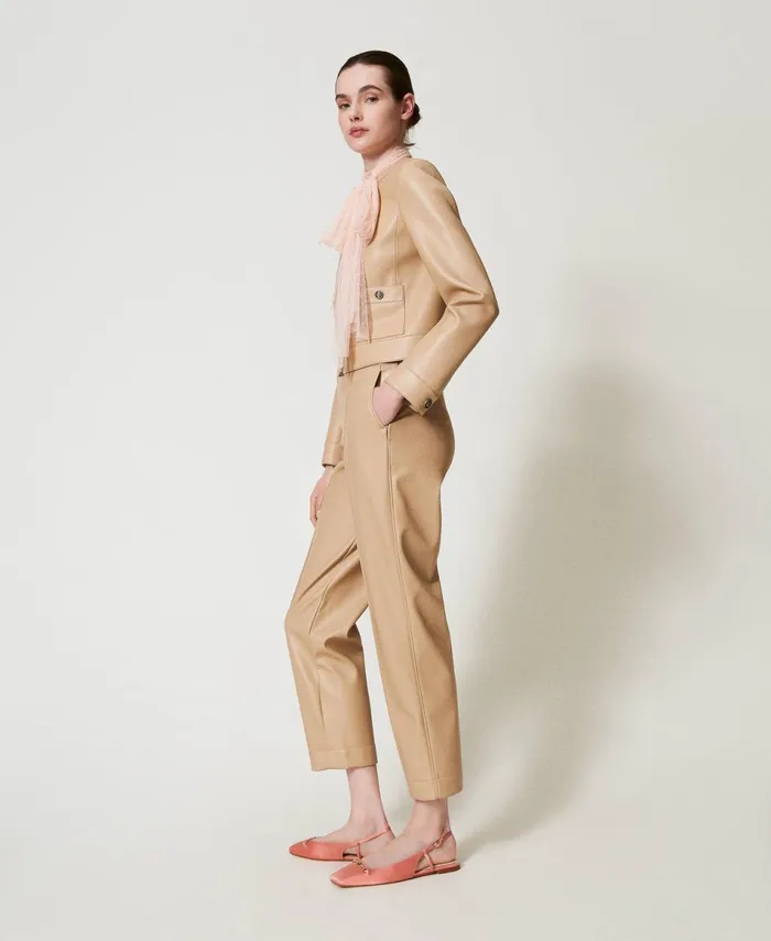 Twinset Faux Nappa Leather Straight Leg Trousers Light Wood Beige Women Suits And Sets Twinset Faux Nappa Leather Straight Leg Trousers Light Wood Beige Women Suits And Sets
