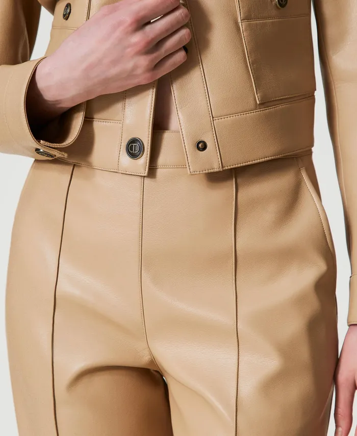 Twinset Faux Nappa Leather Straight Leg Trousers Light Wood Beige Women Suits And Sets Twinset Faux Nappa Leather Straight Leg Trousers Light Wood Beige Women Suits And Sets