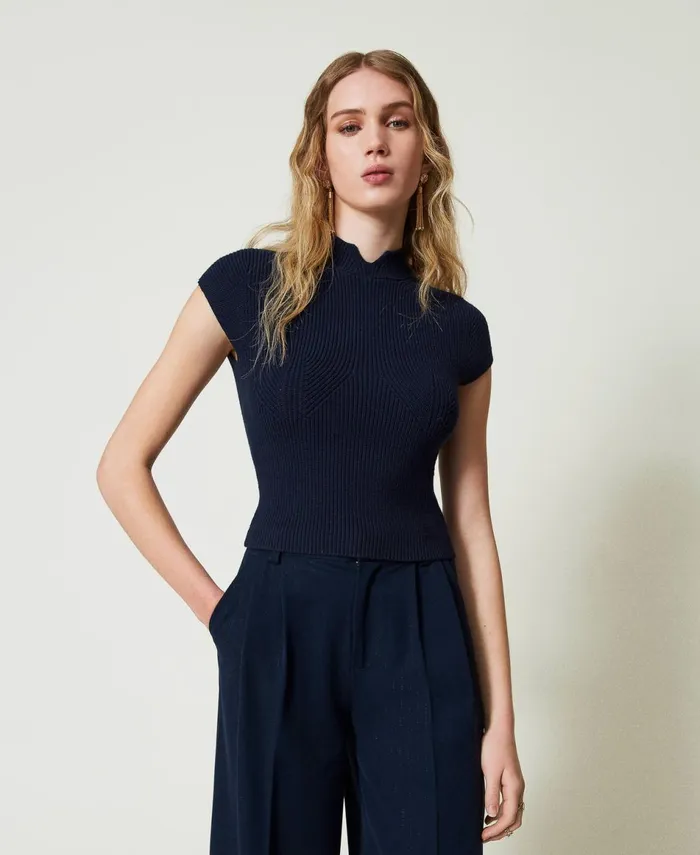 Twinset Fitted Jumper With Decorative Ribbing Indigo Women Jumpers And Cardigans Twinset Fitted Jumper With Decorative Ribbing Indigo Women Jumpers And Cardigans