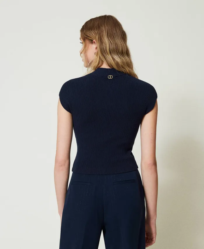 Twinset Fitted Jumper With Decorative Ribbing Indigo Women Jumpers And Cardigans Twinset Fitted Jumper With Decorative Ribbing Indigo Women Jumpers And Cardigans