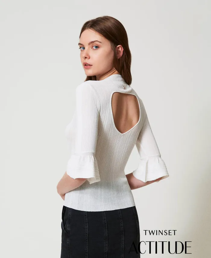 Twinset Fitted Rib Knit Jumper With Ruffles Sugar White Women Jumpers And Cardigans