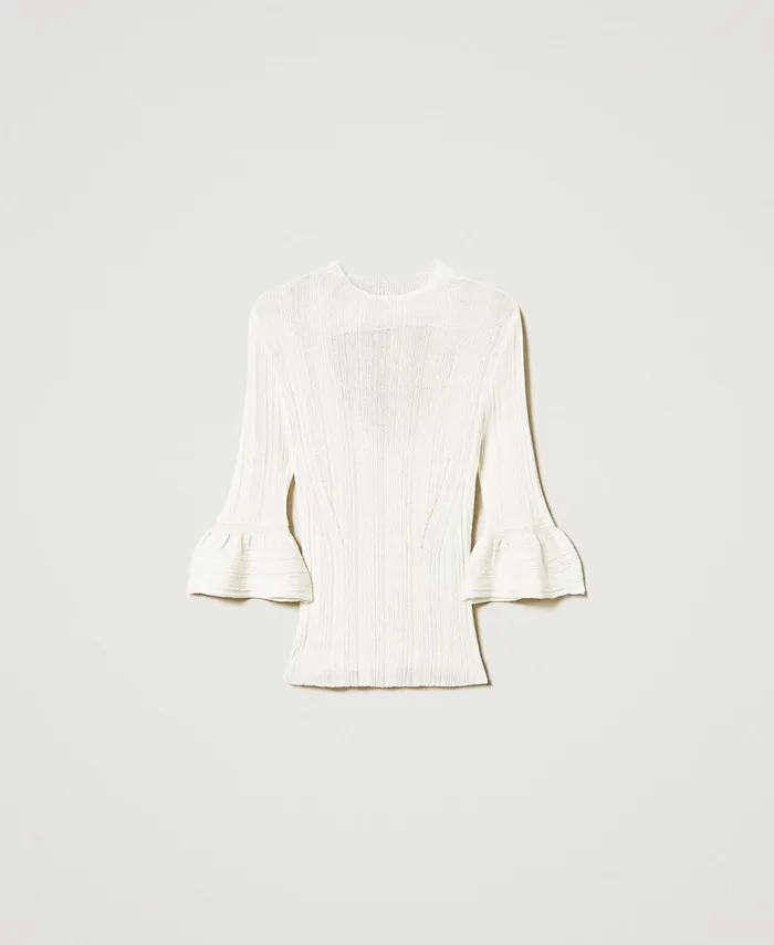 Twinset Fitted Rib Knit Jumper With Ruffles Sugar White Women Jumpers And Cardigans Twinset Fitted Rib Knit Jumper With Ruffles Sugar White Women Jumpers And Cardigans