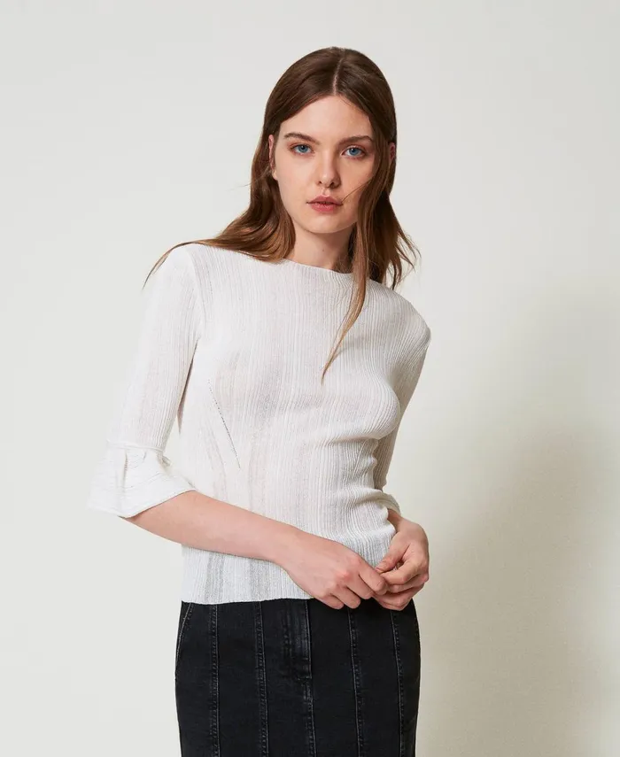 Twinset Fitted Rib Knit Jumper With Ruffles Sugar White Women Jumpers And Cardigans Twinset Fitted Rib Knit Jumper With Ruffles Sugar White Women Jumpers And Cardigans