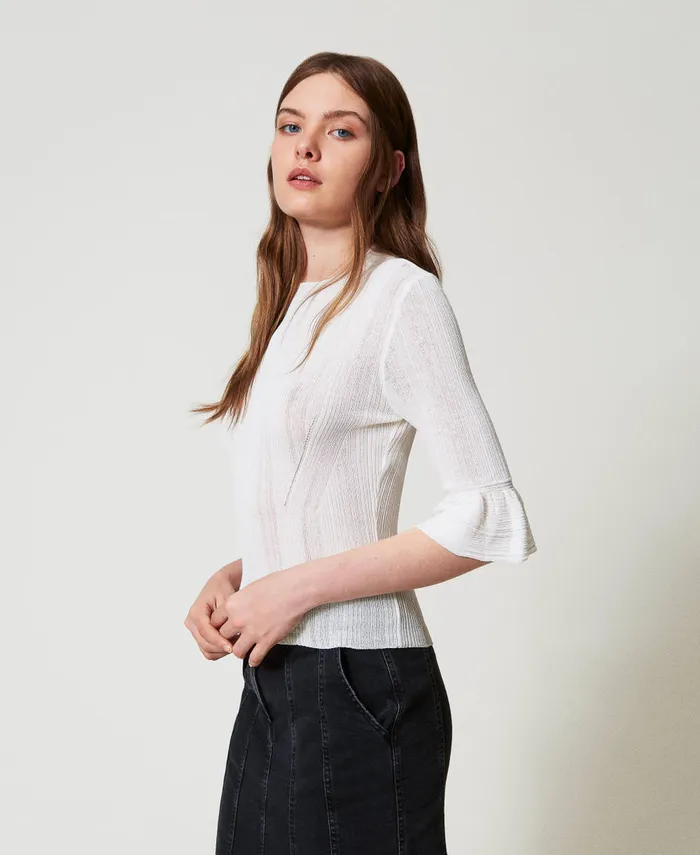 Twinset Fitted Rib Knit Jumper With Ruffles Sugar White Women Jumpers And Cardigans Twinset Fitted Rib Knit Jumper With Ruffles Sugar White Women Jumpers And Cardigans
