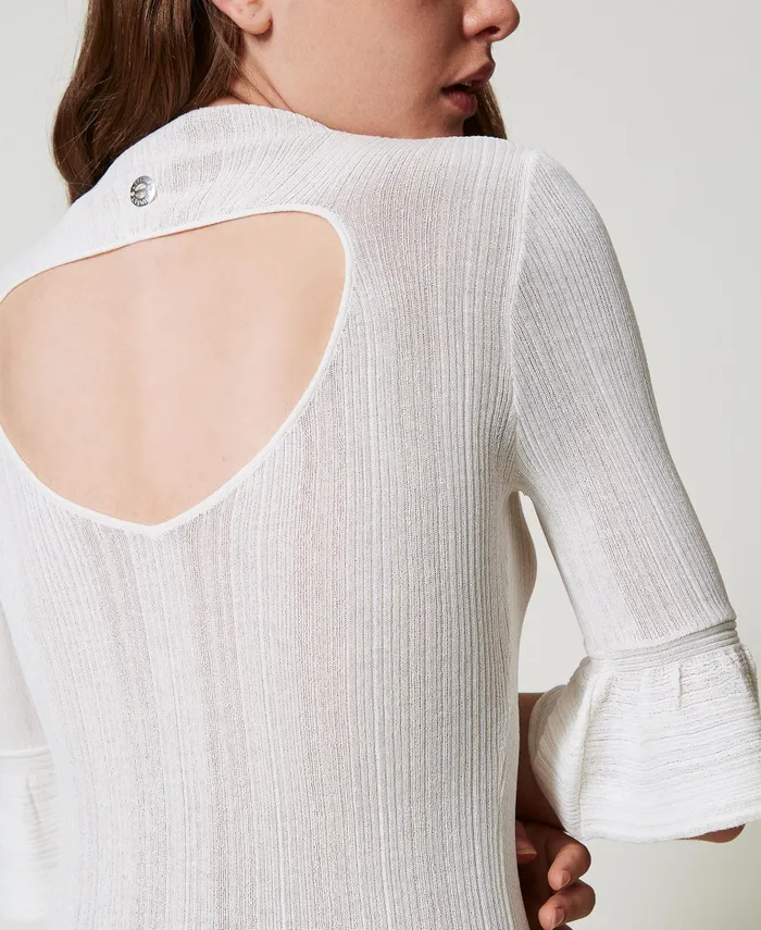 Twinset Fitted Rib Knit Jumper With Ruffles Sugar White Women Jumpers And Cardigans Twinset Fitted Rib Knit Jumper With Ruffles Sugar White Women Jumpers And Cardigans