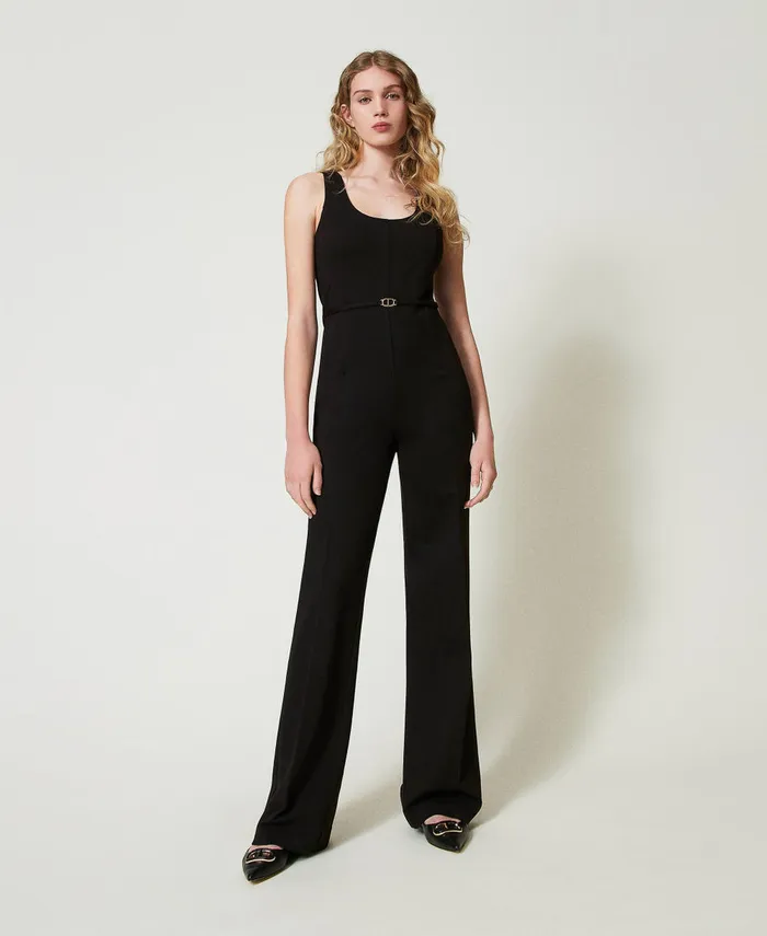 Twinset Flared Leg Jumpsuit With Oval T Waist Strap Black Women Dresses