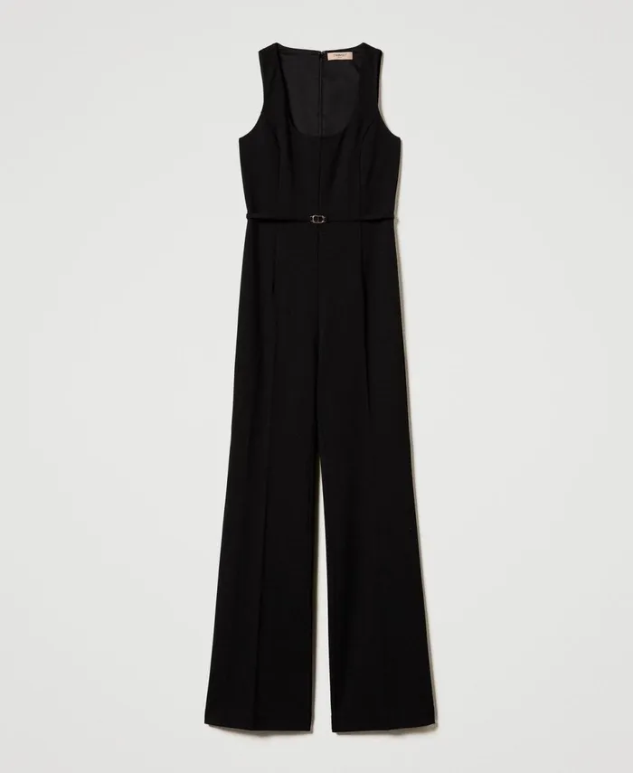 Twinset Flared Leg Jumpsuit With Oval T Waist Strap Black Women Dresses Twinset Flared Leg Jumpsuit With Oval T Waist Strap Black Women Dresses