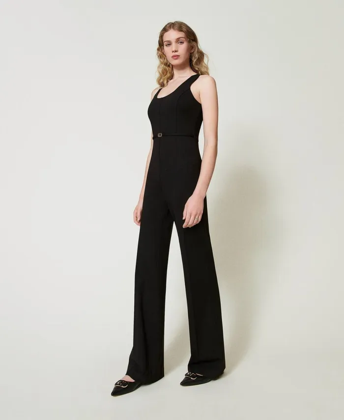 Twinset Flared Leg Jumpsuit With Oval T Waist Strap Black Women Dresses Twinset Flared Leg Jumpsuit With Oval T Waist Strap Black Women Dresses
