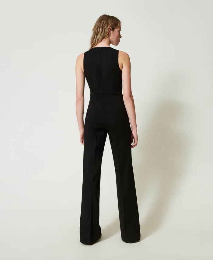 Twinset Flared Leg Jumpsuit With Oval T Waist Strap Black Women Dresses Twinset Flared Leg Jumpsuit With Oval T Waist Strap Black Women Dresses