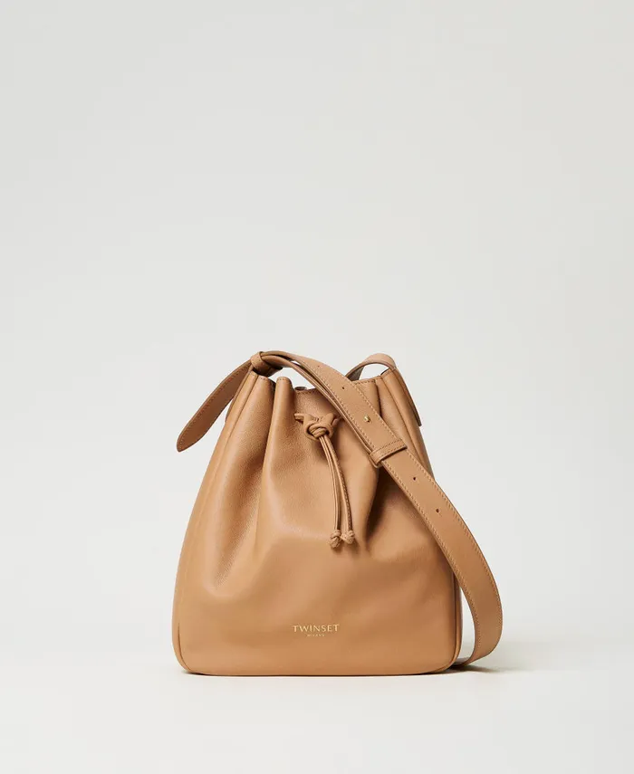Twinset Forever Leather Bucket Bag Camel Women Cross Body Bags