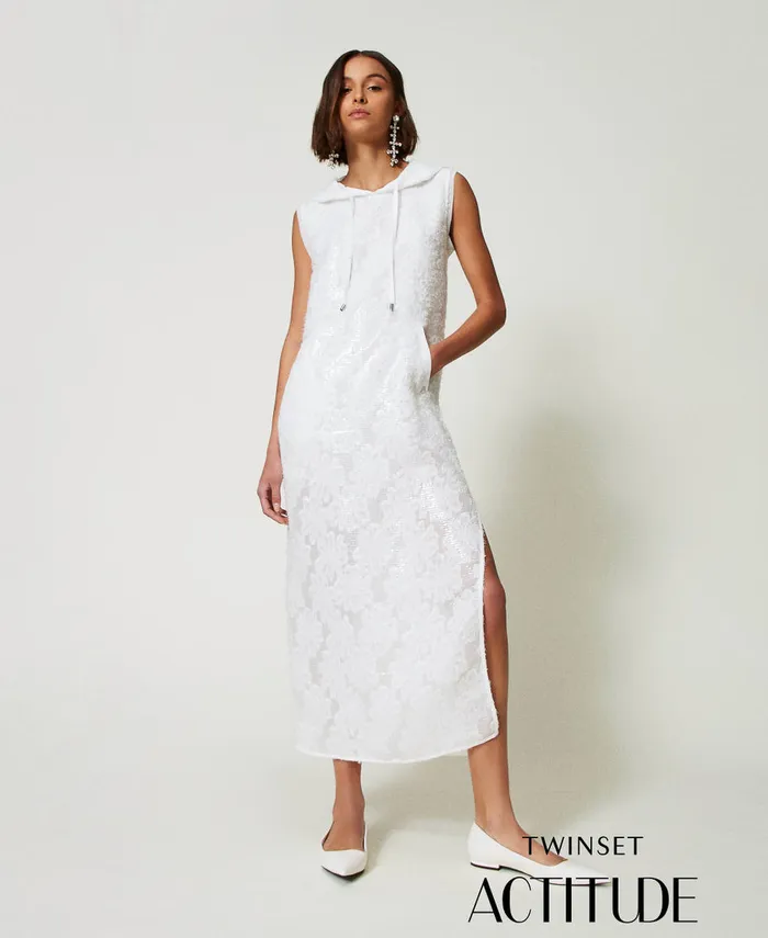 Twinset Full Sequin Long Dress Papers White Women Dresses