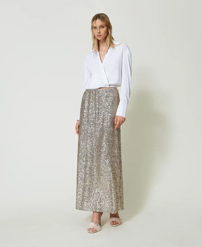 Twinset Full Sequin Long Skirt Platinum Women Skirts