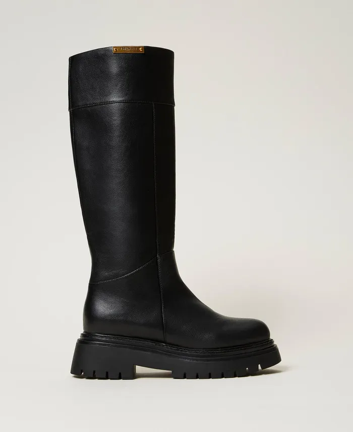 Twinset High Boots With Logo Plate Black Women Flat Shoes